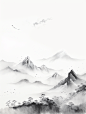 极简主义山水插图，水墨山脉由不同的线条组成黑白
