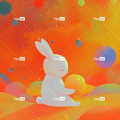 一只可爱的白兔抱着月亮小星星色彩缤纷海报