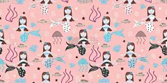 美人鱼图案与幼稚绘制彩色时尚矢量插图。海底无缝手绘有趣的儿童和婴儿时装纺织印花设计。