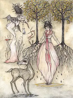 来自?Liza Corbett的一组非常有味道的手绘插画。长翅膀的马，白色的母鹅，长发的女生，哭泣的鹿，叼着钻石的白鸽，带血的玻璃鞋子。非常富有故事性的画面，希望你会也和我一样喜欢她的作品。#采集大赛#