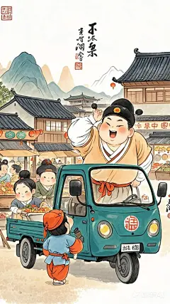 全景,水墨插画,极简主义，胖改的唐代可爱微胖男插画，男士开着小货车快乐购物，焦头烂额。现代人物与古风工笔画结合，画风细腻成熟，独特的“大脸”风格，识别度高，人物讨喜又不失韵味，可爱的Q版唐代风俗画，干