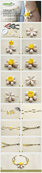 饰品DIY教程：软陶花朵和绿松石珠子的手链@北坤人素材