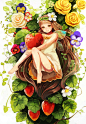 morikaku (umiharu)  original   1girl barefoot braid brown hair dress fairy fairy wings flower hair flower hair ornament head wreath highres long hair panties rose smile solo underwear very long hair wings yellow eyes