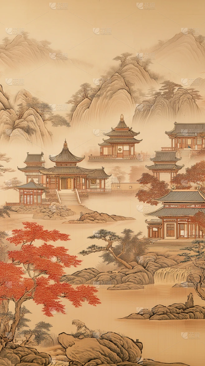 中国风系列传统中式山水园林水墨插画图片素材-花瓣网
