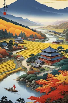 数字艺术古风枫叶风景插画-众图网