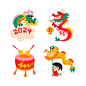 Retro cartoon year of the dragon stickers collection