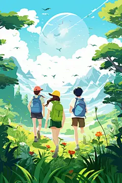 晴空暑假学生插画图片