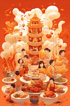 新年主题龙年除夕夜年夜饭插画