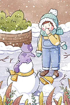 冬季风雪堆雪人可爱卡通风景插画