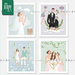 小清新婚礼新娘新郎伴娘插画背景Ai海报设计素材