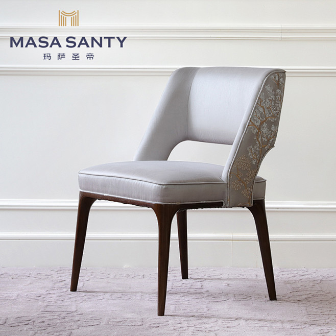 现代美式灰色软包餐椅休闲椅新中式新古典设...