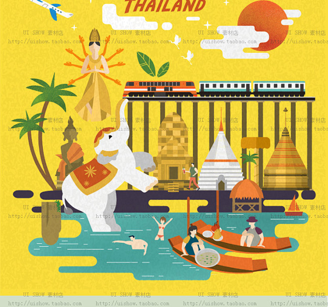 泰国旅游风景建筑图案人物元素背景宣传海报...