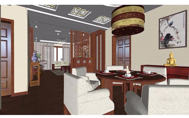 室内SU新中式家装室内客厅餐厅中式泰式风...