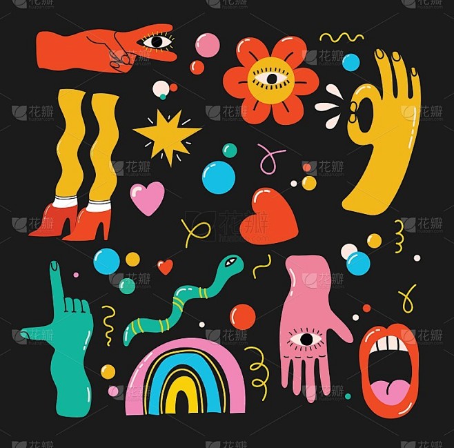 大套不同颜色的矢量插图卡通平面设计。手绘抽象形状，有趣的漫画人物。
