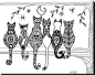 6 cats on branch, zentangle design, posterior view ..: 