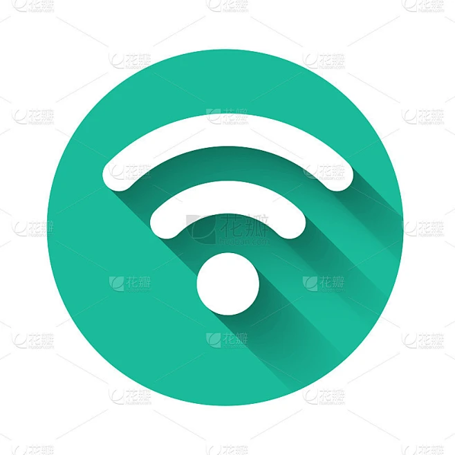 白色Wi-Fi无线网络符号图标孤立与长影子。绿色圆圈按钮。矢量图素材-花瓣网