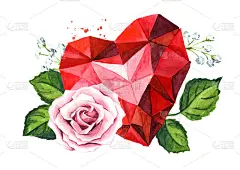 爱和浪漫。水晶心和玫瑰花。结婚的概念。水彩手绘插图，孤立的白色背景