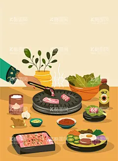 烤盘烤肉矢量插画  - 源文件下载【酷图网】烤肉,烤盘,烤肉插图,矢量插画,烤肉场景插画,韩式烤肉,烤五花肉,美食