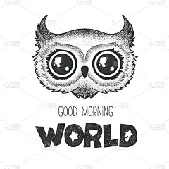 黑色和白色矢量卡与手绘猫头鹰和字母早安世界。设计t恤印花，织物，壁纸，卡片隔离在白色背景