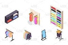 等距3d收集孤立的城市元素的服装店。