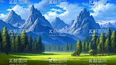 油画山林  - 源文件下载【酷图网】油画,风景画,高山,森林,树林,草地,湿地,蓝天,白云,高清,壁纸,装饰画