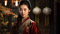 (2/4)一个穿着红裙子的中国女孩坐在一个房间里，以永恒的美感风格展现，面部特征细致入微，灯光柔和，犹如国家地理杂志的照片，画面统一而有条理，带有古典元素，背景虚化(AI绘图来自WeDraw.art)