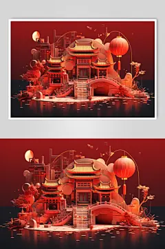 AI数字艺术春节年货节中式建筑场景图片