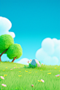 grassy landscape with trees, flowers and grass, in the style of minimalist objects, rendered in cinema4d, adorable toy sculptures, minimalist backgrounds, vibrant cartoonish, high resolution, 20 megapixels