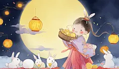 中秋节嫦娥玉兔月饼月下插图卡通可爱唯美手绘古风人物插画壁纸