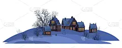 村庄。乡村的房子在冬天。圣诞节。安静的夜晚。山形屋顶上覆盖着积雪。美丽舒适的乡村风景。孤立、扁平的卡
