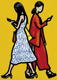 英国艺术家 Julian Opie 的人物绘画，加粗的黑色轮廓线，简化的面部表情，高饱和度的明亮配色，很具装饰性！ ​ ​​​​