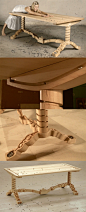 由Ontwerpduo设计的Marbelous弹珠游戏桌，在枫木材质的桌面、边角、桌腿等各个部位都切割出了互相连通的空洞，并设计了各种巧妙的漏洞和机关。 http://url.cn/1tcnuq