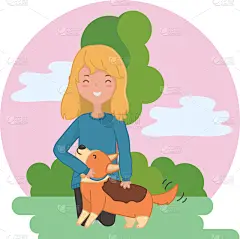 女孩,狗,卡通,设计师,女人,可爱的,自然,宠物,图像,矢量