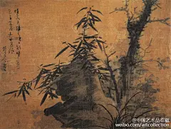 #元四家#【 元 吴镇 《枯木竹石图》 】纸本，墨笔，52×69.8cm，北京故宫博物院藏。 此作为吴镇风格的代表作品之一。图中所绘古木竹石，藏巧于拙。近处古木枝桠遒劲，非常古雅清逸；石头尖峭如削。在构图上的确鬼斧神工，技高一筹。