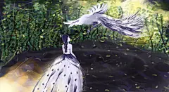 原创板绘，女孩与鸟系列插画1，女孩与孔雀