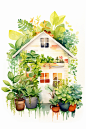 绿植房屋植物艺术水彩建筑画作插画