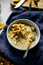 winter vegetable chowder with parsnips, mustard and crispy cabbage.