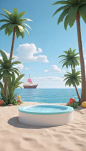 Seaside-beach-scene--flat-cylindrical-table--clean-table--stage-lighting--surrounded-by-modeling-cartoon-boat--modeling-cartoon-swimming-circle--modeling-cartoon-plant--cool-feeling--atmosphere-sense- (2)