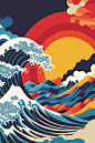 神奈川冲浪里风格日式海浪波浪大海日本插画矢量图设计素材