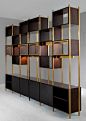 Jules Wabbes; Rosewood, Brass and Glass Modular Library for Le Mobilier Universel, 1960s.: 