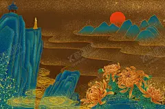 中国风插画 【酷图网】金丝,金线,烫金,鎏金,奢侈,华贵,华丽,中国风,传统,纹样,古风,复古,国潮,高端,轻奢,典雅,中式,装饰,古典,水墨,背景,壁纸,底图,大气,线描,图案,海报,招贴,插画,插图,画,手绘,新中式,现代,展板,横版,banner,风景,山水,花草,祥云,波纹,水波,云纹,山川,菊花