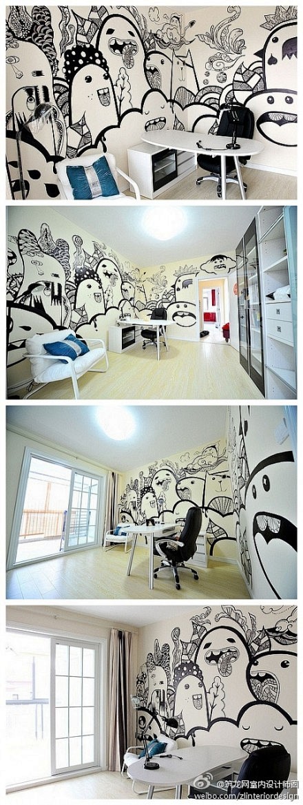 筑龙网室内设计师圈：咖啡女孩的手绘墙~室...