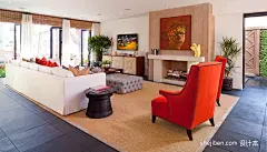 简欧式客厅不吊顶地板砖壁炉手绘无框挂画背景墙