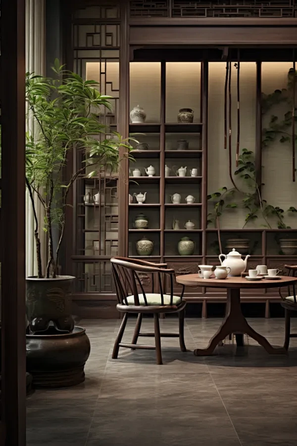 茶杯茶桌中式茶室茶艺室内设计效果图摄影图