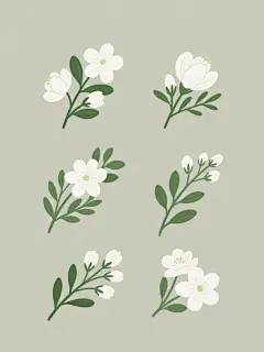 一套由6个不同造型、不同角度的手绘风格白色花朵与绿色枝叶组成的系列素材集合，花朵形态各异，枝叶舒展方向不同，保持统一的白色花朵、绿色枝叶配色，每个元素独立完整，规整排布在纯色背景上，整体呈现清新雅致的插画风格，线条流畅，色彩明快，细节精致。