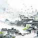 写意江南水乡青泉烟雨，中国古代乡村风光，鸟瞰全景海报
