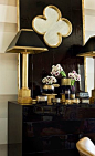 Beth Webb Interiors: Black and gold foyer with glossy black lacquer cabinet with black and gold quatrefoil ...: 