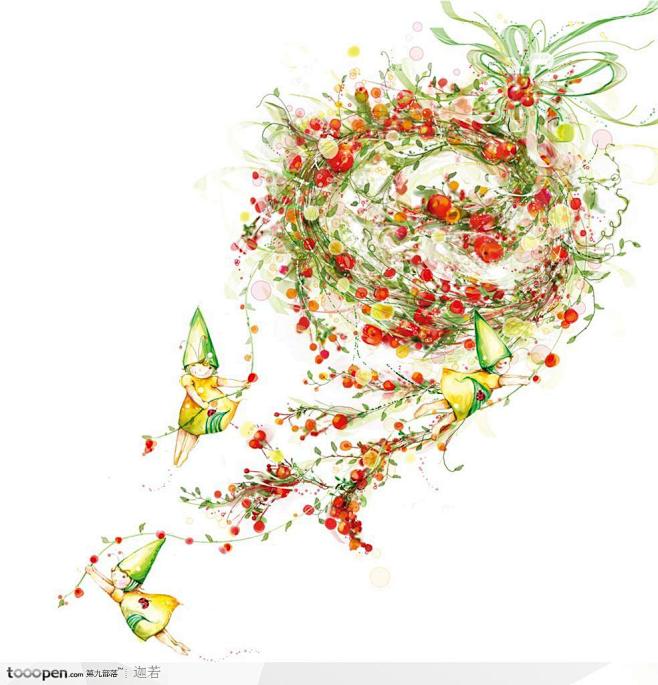 手绘拿着花卉做节日花环的小精灵们