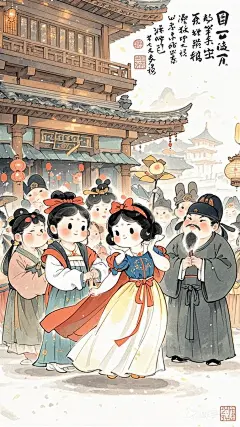 全景,水墨插画,极简主义，唐代可爱插画，（白雪公主逛街）现代人物与古风工笔画结合，画风细腻成熟，独特的风格，识别度高，人物讨喜又不失韵味，可爱的Q版唐代风俗画，干净纯色背景。 (1)