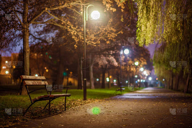 夜晚在公园里孤独的长椅和灯柱